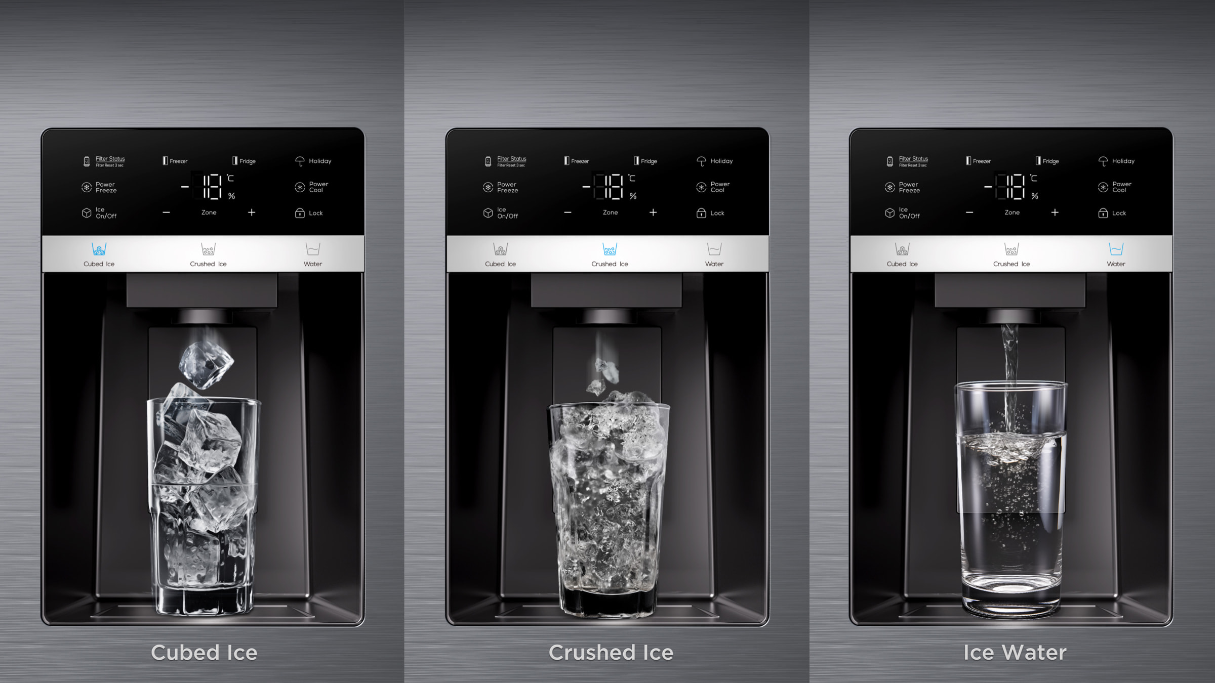 Detalle del dispensador de agua y hielo del refrigerador TCL C575SBIM