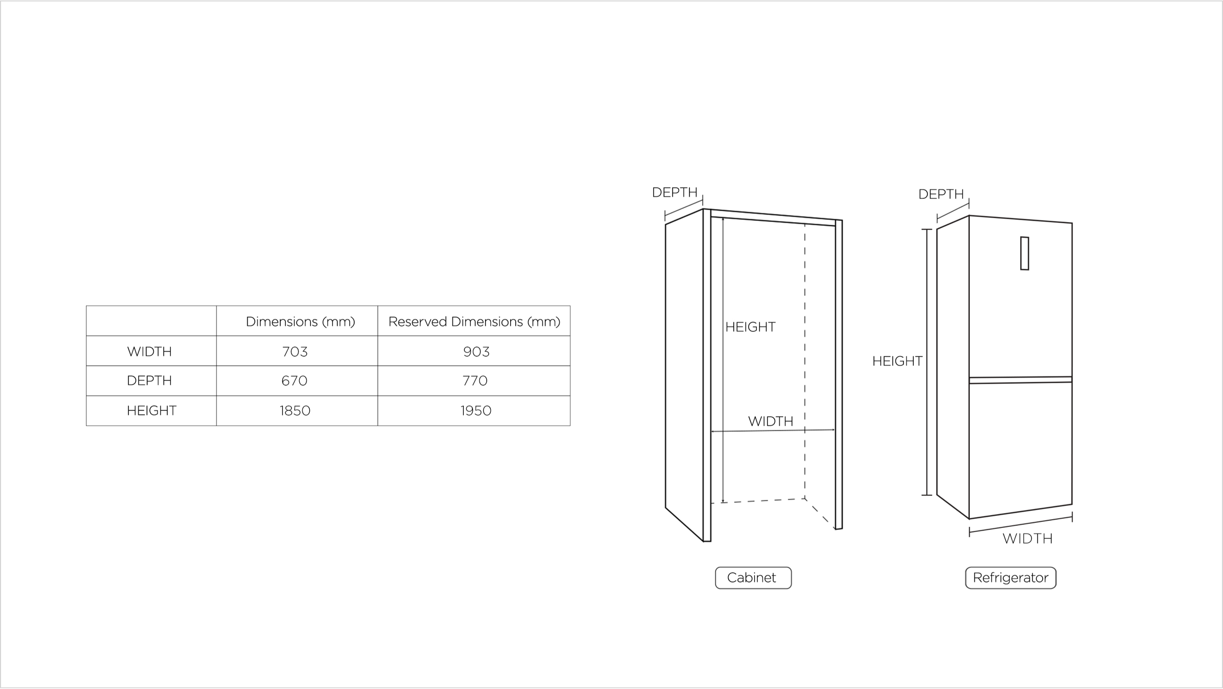 TCL Bottom Mount Refrigerator P417BF Specific dimensions