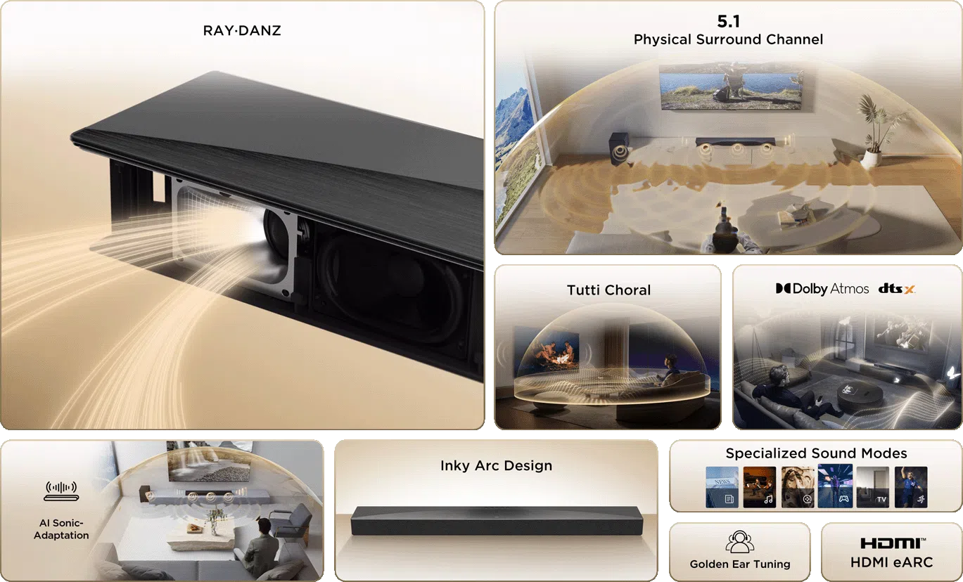 overview pc 02.png?t=1740462191067&w=1200&webp=true&dpr=1 TCL 5.1CH 580 Watts High-end Home Theater Soundbar with Dolby Atmos, DTS:X, Ray Danz Technology, Wireless Subwoofer (Q65H) image