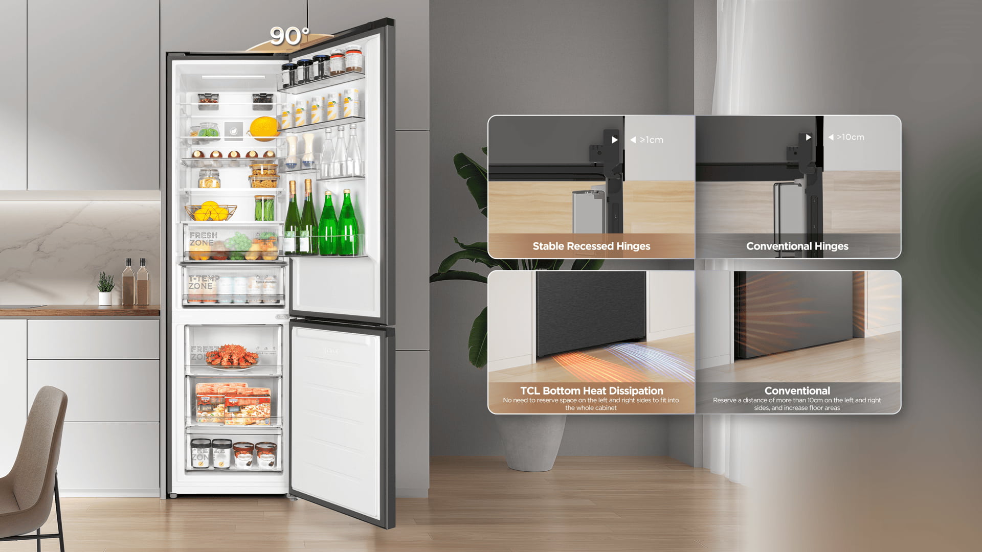 TCL RC382BSC0 refrigerator 90° opening door