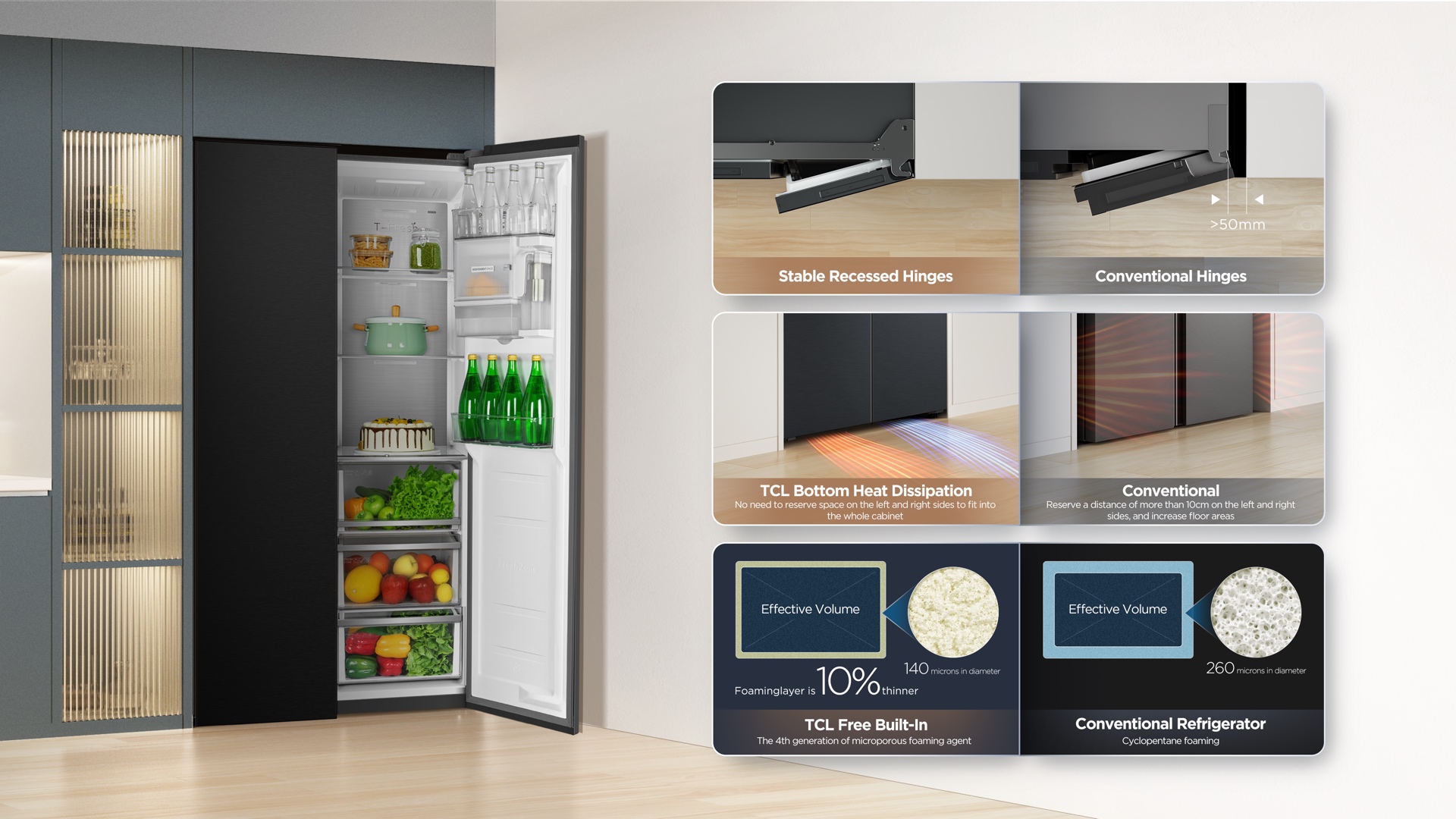 TCL rc605sxd0 refrigerator 90° opening door