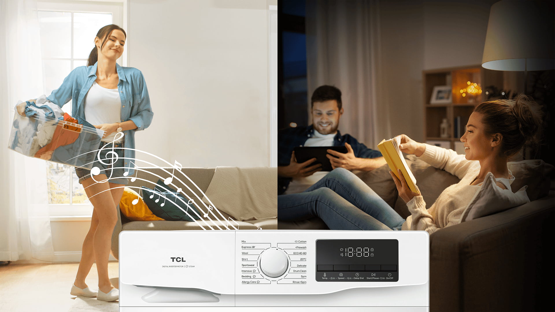 With sound off function‘s TCL washing machine, quiet washing.