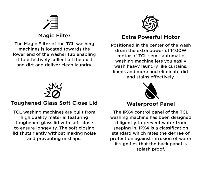 Magic Filter, Extra Powerful Motor, Toughened Glass Soft Close Lid and Waterproof Panel : 9.0kg Semi Automatic Washing Machine