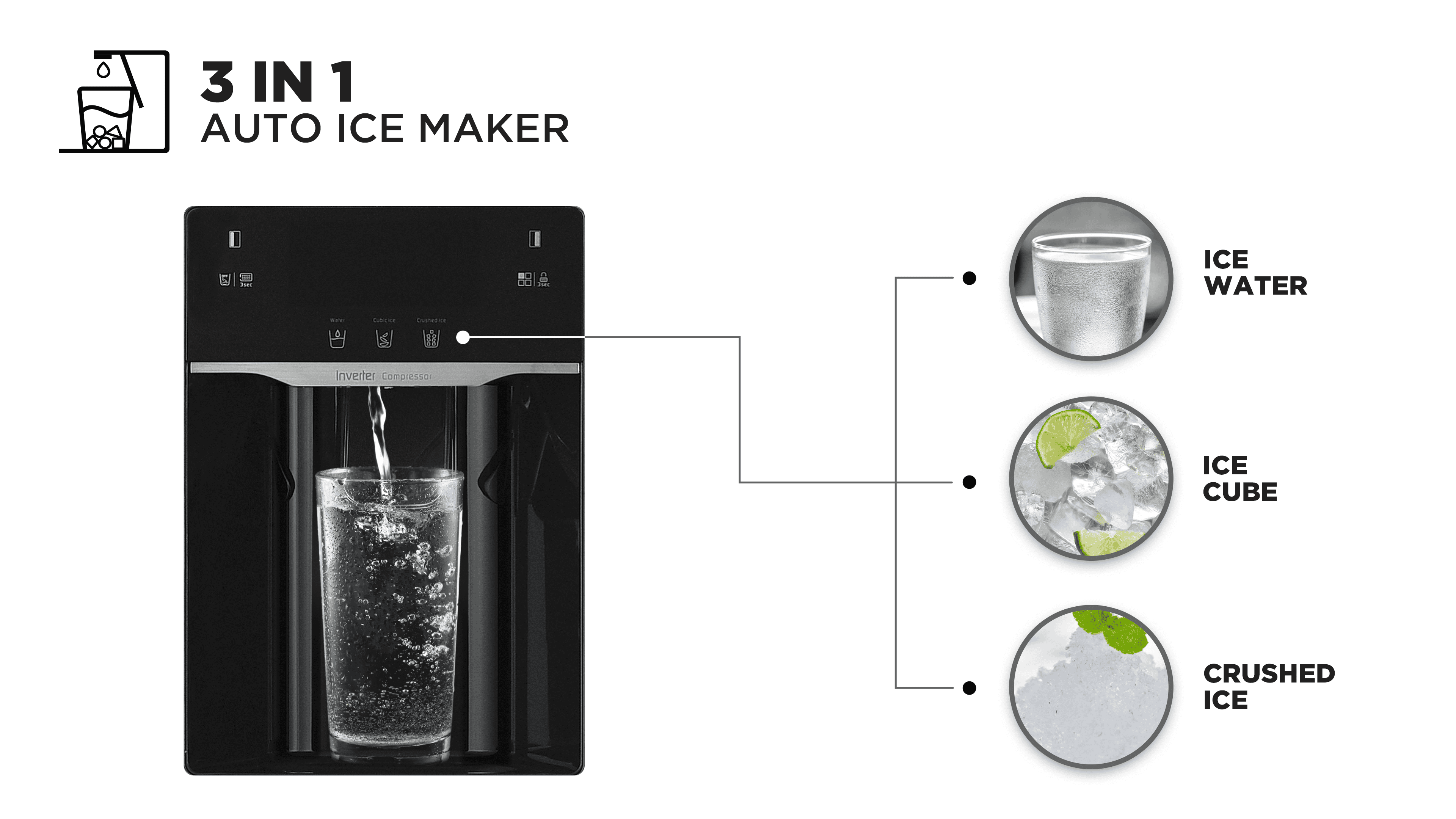 3-In-1 Ice Maker: Enjoy more water, cubic ice & crushed ice