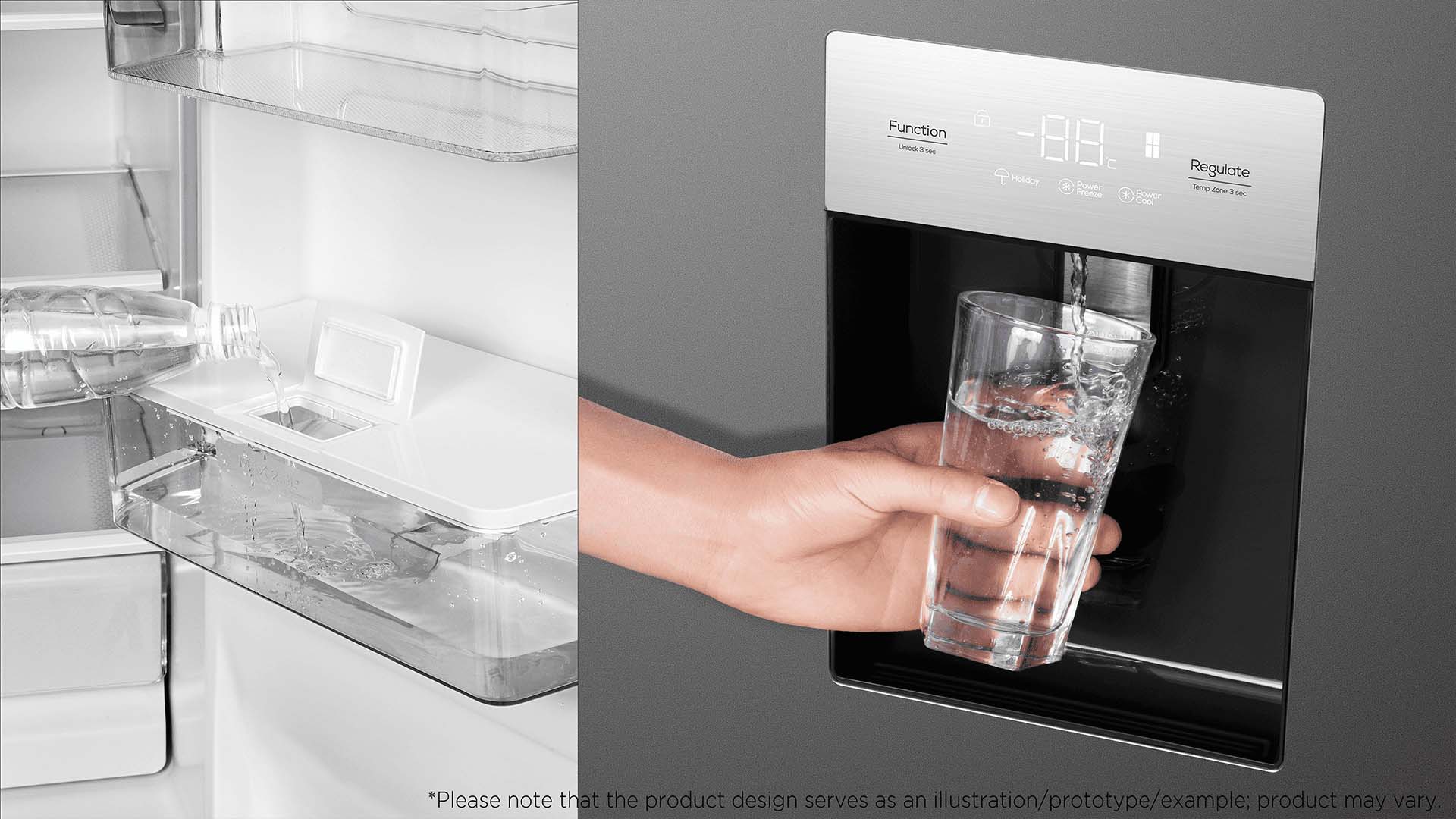 Water dispenser: 2.5L fresh water reserve available without opening the door